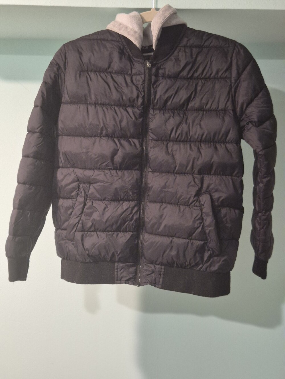 Justice Girl's Black Quilted Puffer Jacket with Gray Hood Lining